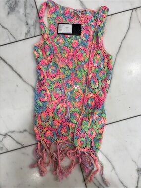 Flowers by Zoe Neon Crochet Fringe Tank - Multicolor Pink/Green/Blue